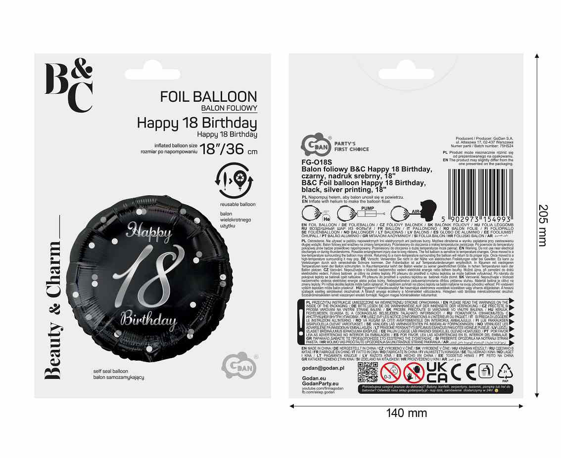 Foil balloon B&C 18 Birthday, black, silver printing, 18"